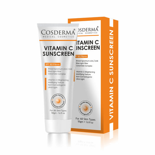 Cosderma Vitamin C Sunscreen – Brightening Broad Spectrum UV + Blue Light Protection with Ceramide Complex | Matte, Non-Comedogenic, Ultra-Light Texture