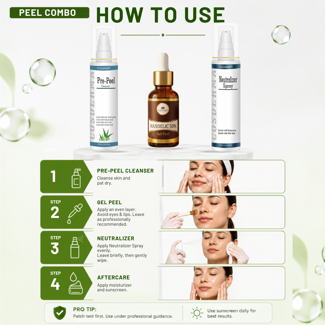 Cosderma Mandelic Peel Combo – Pre Peel Cleanser, Mandelic 50% Gel Peel & Neutralizer Spray for Acne Scars, Pigmentation & Brightening