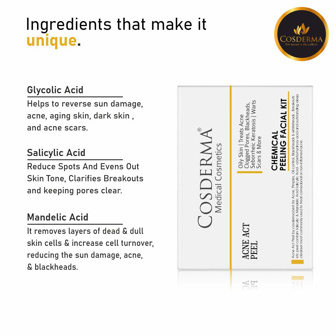 Cosderma Acne Act Peel for Oily Skin | Treats Acne, Clogged Pores, Blackheads, Seborrheic Keratosis, and Scars | Chemical Peeling Facial Kit