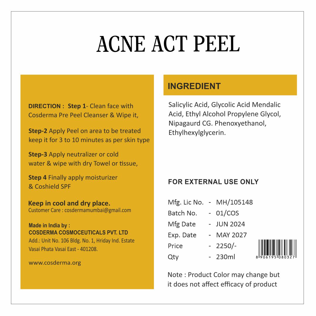 Cosderma Acne Act Peel for Oily Skin | Treats Acne, Clogged Pores, Blackheads, Seborrheic Keratosis, and Scars | Chemical Peeling Facial Kit