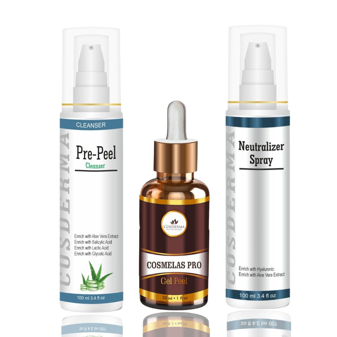 Cosderma Cosmelas Pro Peel Combo – Pre Peel Cleanser, Cosmelas Pro Peel & Neutralizer Spray for Melasma, Pigmentation & Brightening