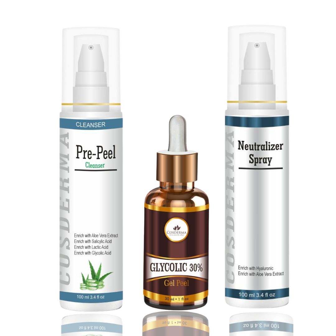 Cosderma Glycolic 30% Peel Combo – Pre Peel Cleanser, Glycolic Gel Peel & Neutralizer Spray for Acne, Pigmentation & Skin Renewal