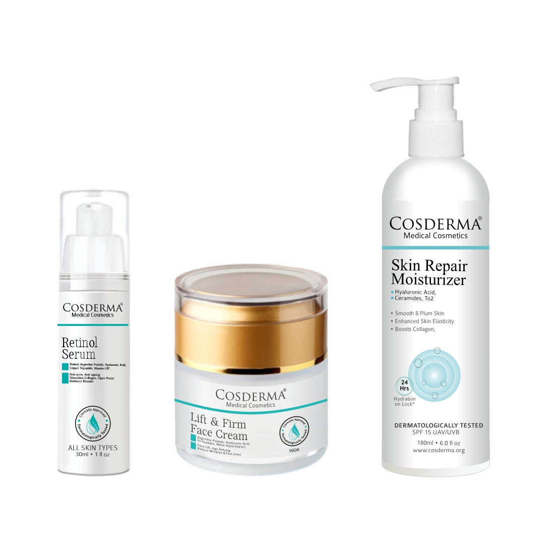 Cosderma Anti-Aging & Firming Combo – Retinol Serum, Lift & Firm Face Cream & Skin Repair Moisturizer for Wrinkle Reduction, Firmness & Youthful Glow