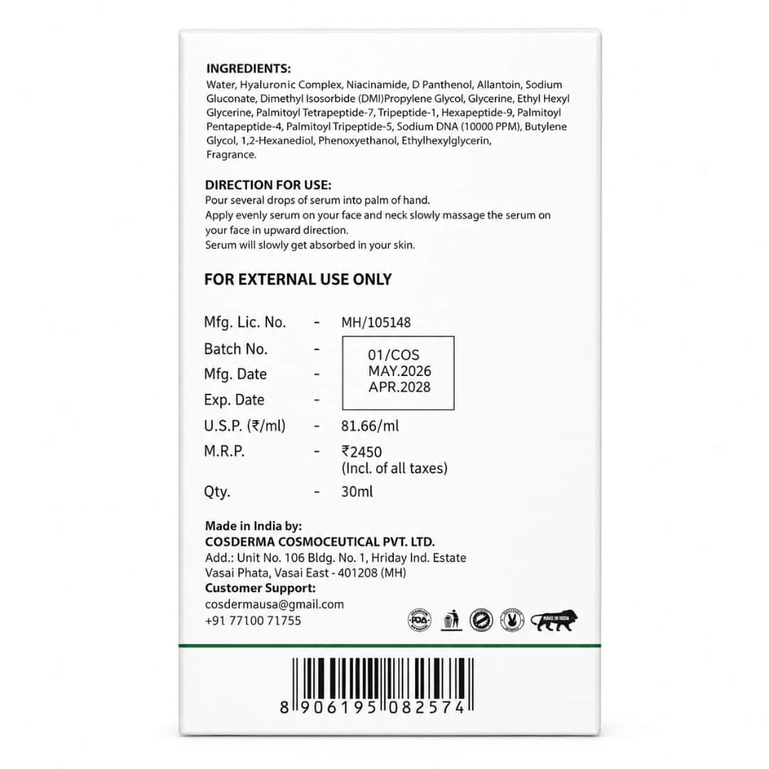 Back label of a skincare serum with ingredients, directions, and product details.