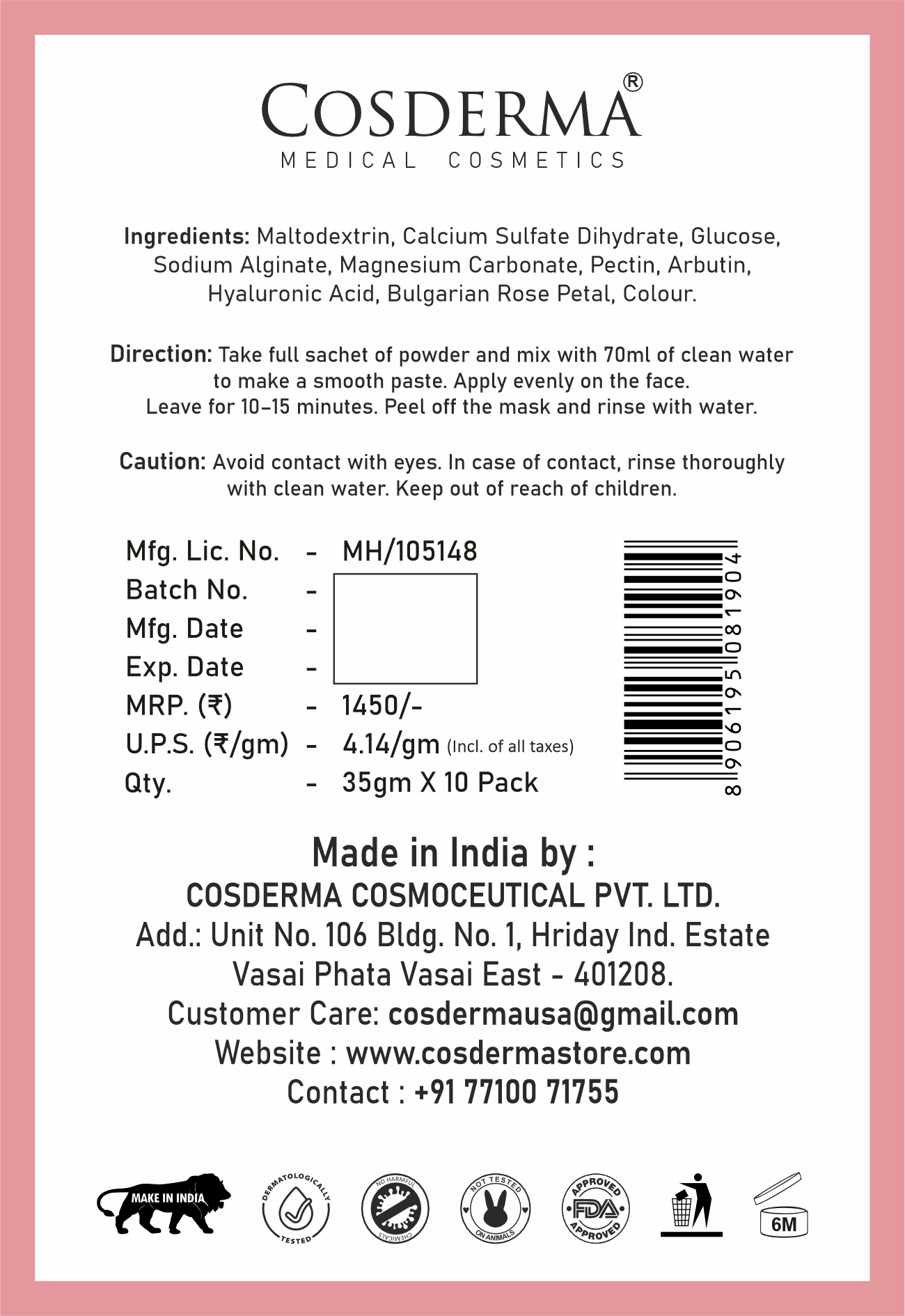 Cosderma Bulgarian Rose Jelly Mask (10 x 35gm) – Soothing, Brightening & Hydrating Peel-Off Facial Mask