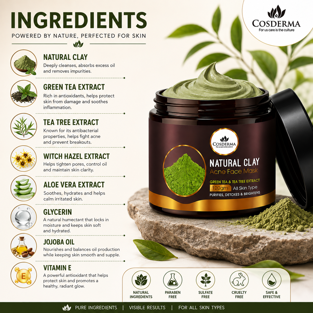 Cosderma Natural Clay Acne Face Mask with Green Tea & Tea Tree Extract - Purify & Detoxify