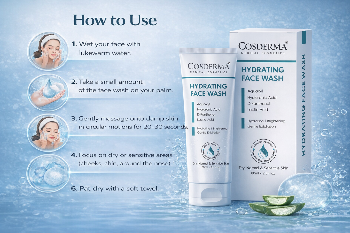 Cosderma Hydrating Face Wash – Gentle Cleanser with Aquaxyl, Hyaluronic Acid, D-Panthenol & Lactic Acid for Deep Moisturization & Soft, Supple Skin