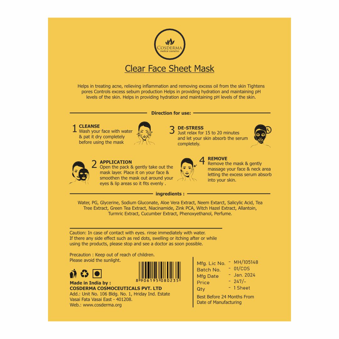 Cosderma Clear Face Sheet Mask - Acne Treatment & Oil Control