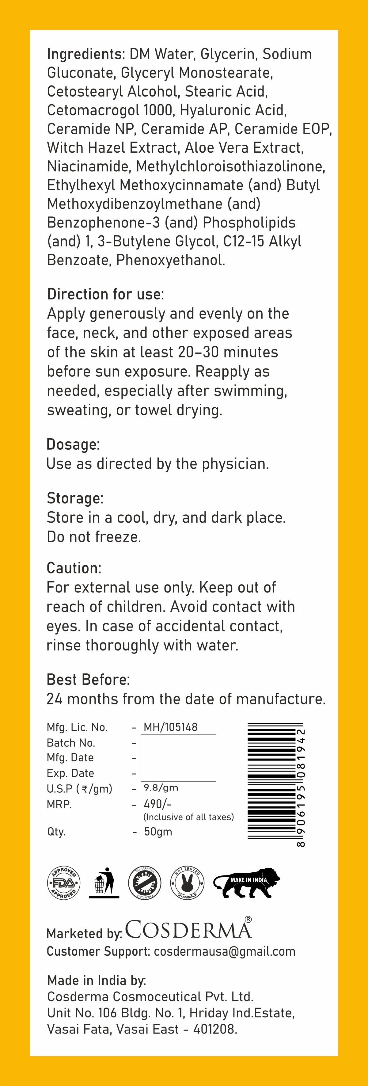 Cosderma Hyaluronic Sunscreen – Oil-Free Hydrating Broad Spectrum UV & Blue Light Protection with Ceramide Complex