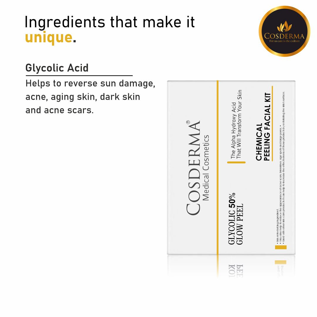 Cosderma Glycolic 50% Glow Peel - Exfoliate, Brighten & Renew Skin | Chemical Peeling Facial Kit