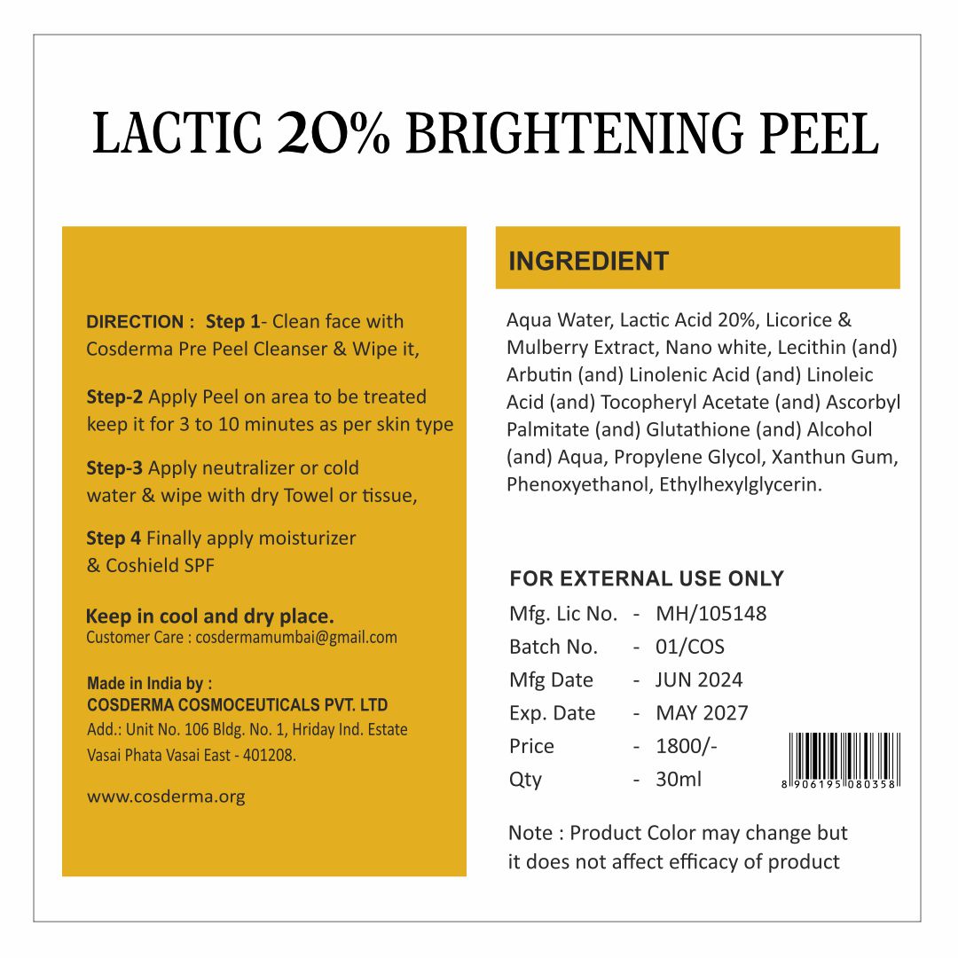 Cosderma Lactic 20% Brightening Peel - Exfoliate & Revitalize Your Skin | Chemical Peeling Facial Kit