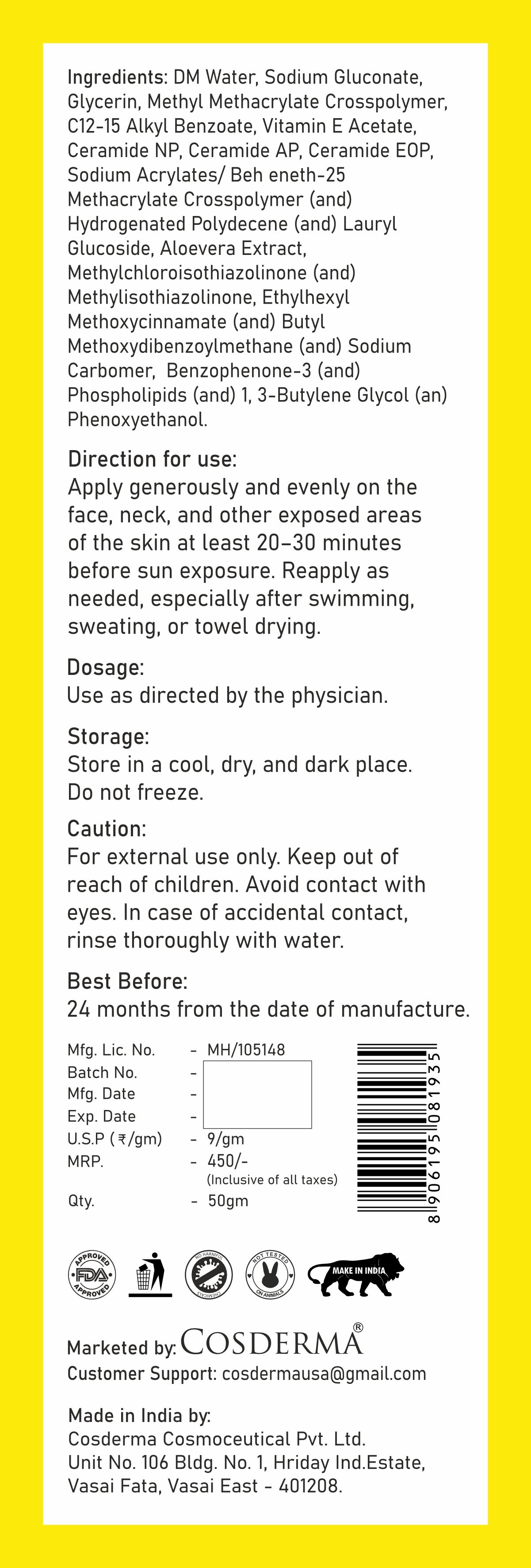 Cosderma Gel Base Sunscreen – Broad Spectrum UVA/UVB & Blue Light Shield with Ceramide Complex (Oil-Free, Ultra-Light Formula)