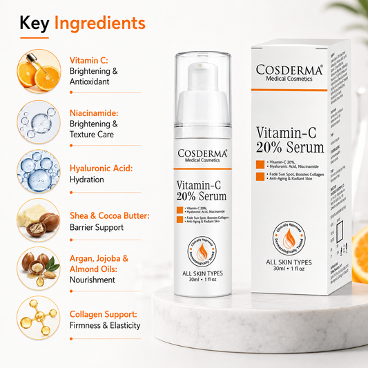 Cosderma Vitamin C 20% Serum with Hyaluronic Acid and Niacinamide - Brightening & Hydrating Skin Care