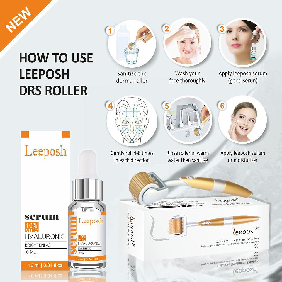 Leeposh Derma Roller 192 Needles with Vitamin-C 10% + Hyaluronic Acid Serum for Skin Whitening and Anti-Aging