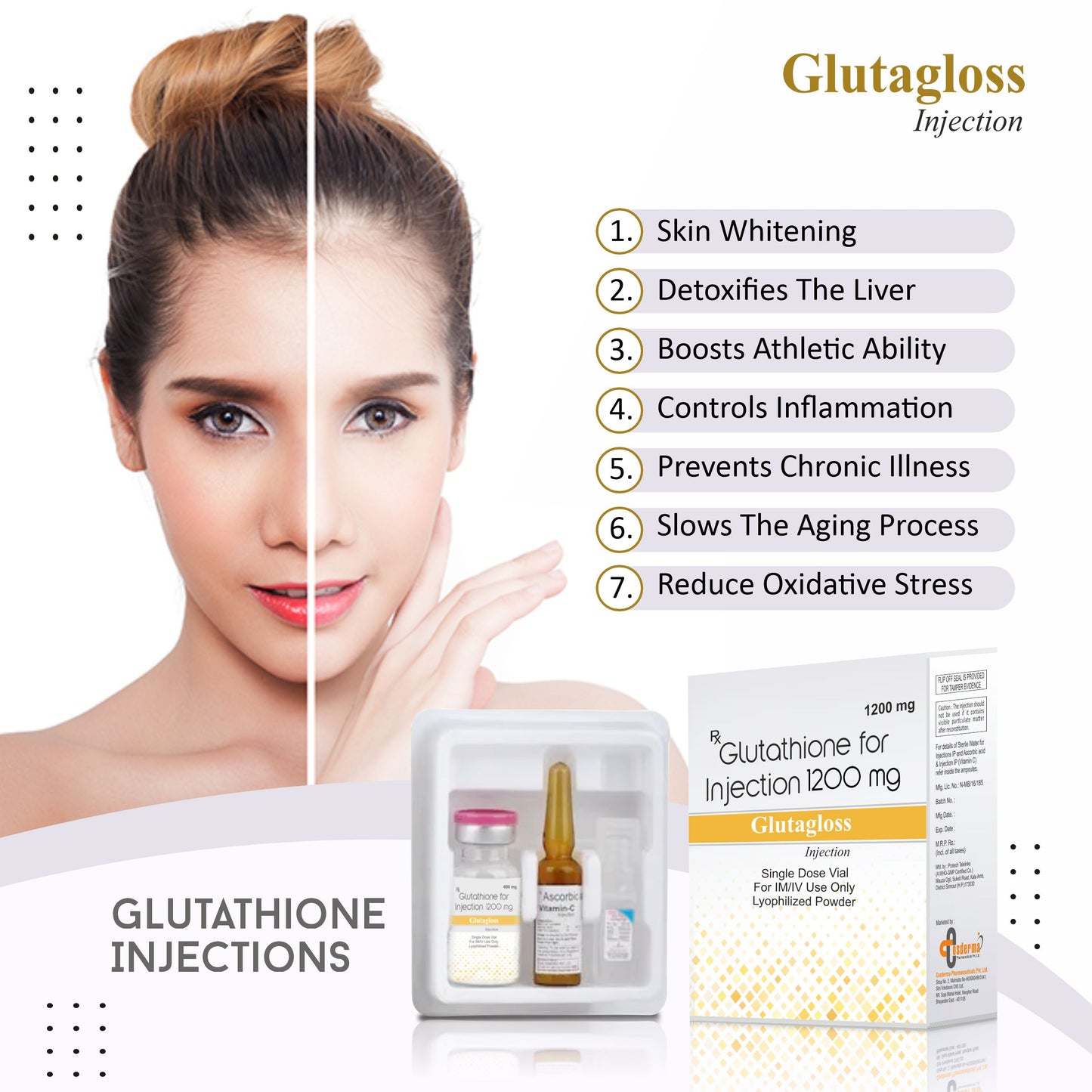 Cosderma Glutagloss Glutathione 1200 mg Injection with Vitamin C – Skin Whitening & Brightening Formula (IM/IV Use Only) - ⚠️ DOCTOR’S PRESCRIPTION REQUIRED