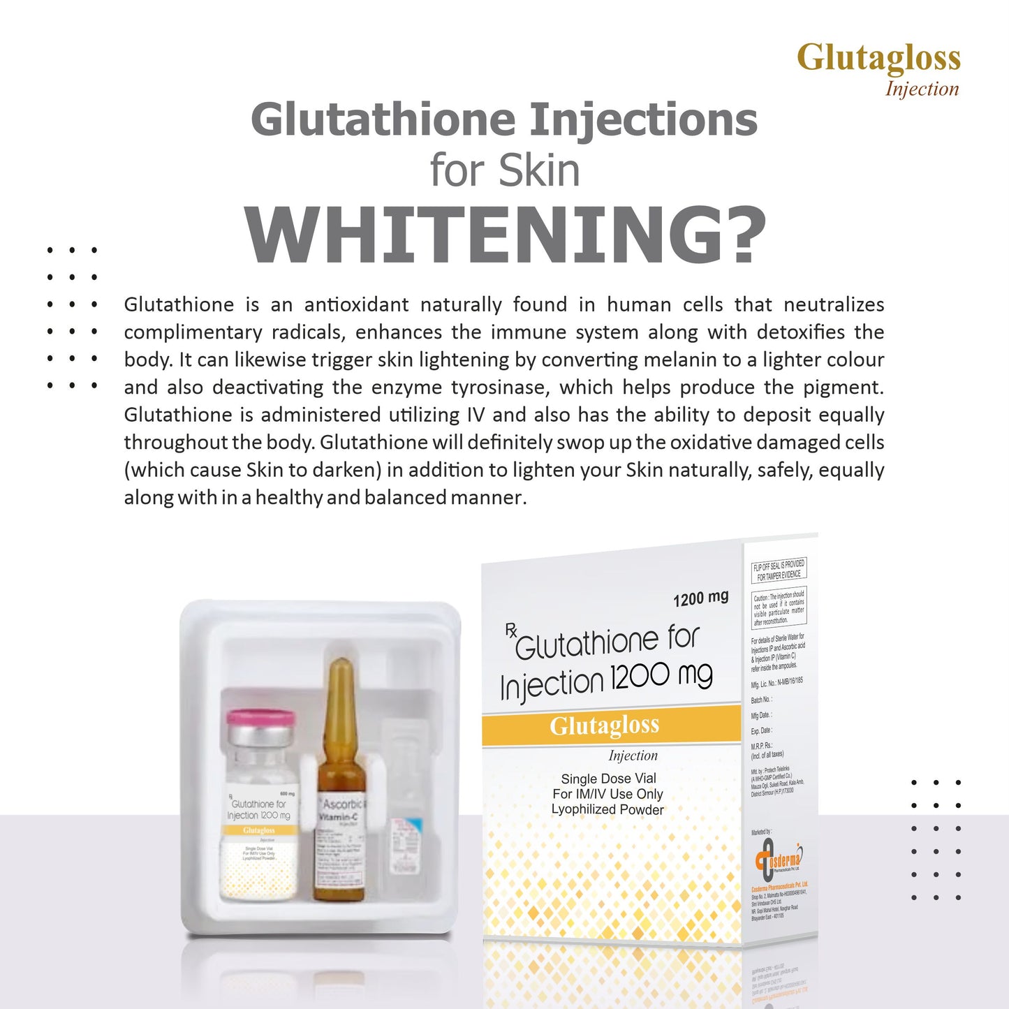 Cosderma Glutagloss Glutathione 1200 mg Injection with Vitamin C – Skin Whitening & Brightening Formula (IM/IV Use Only) - ⚠️ DOCTOR’S PRESCRIPTION REQUIRED