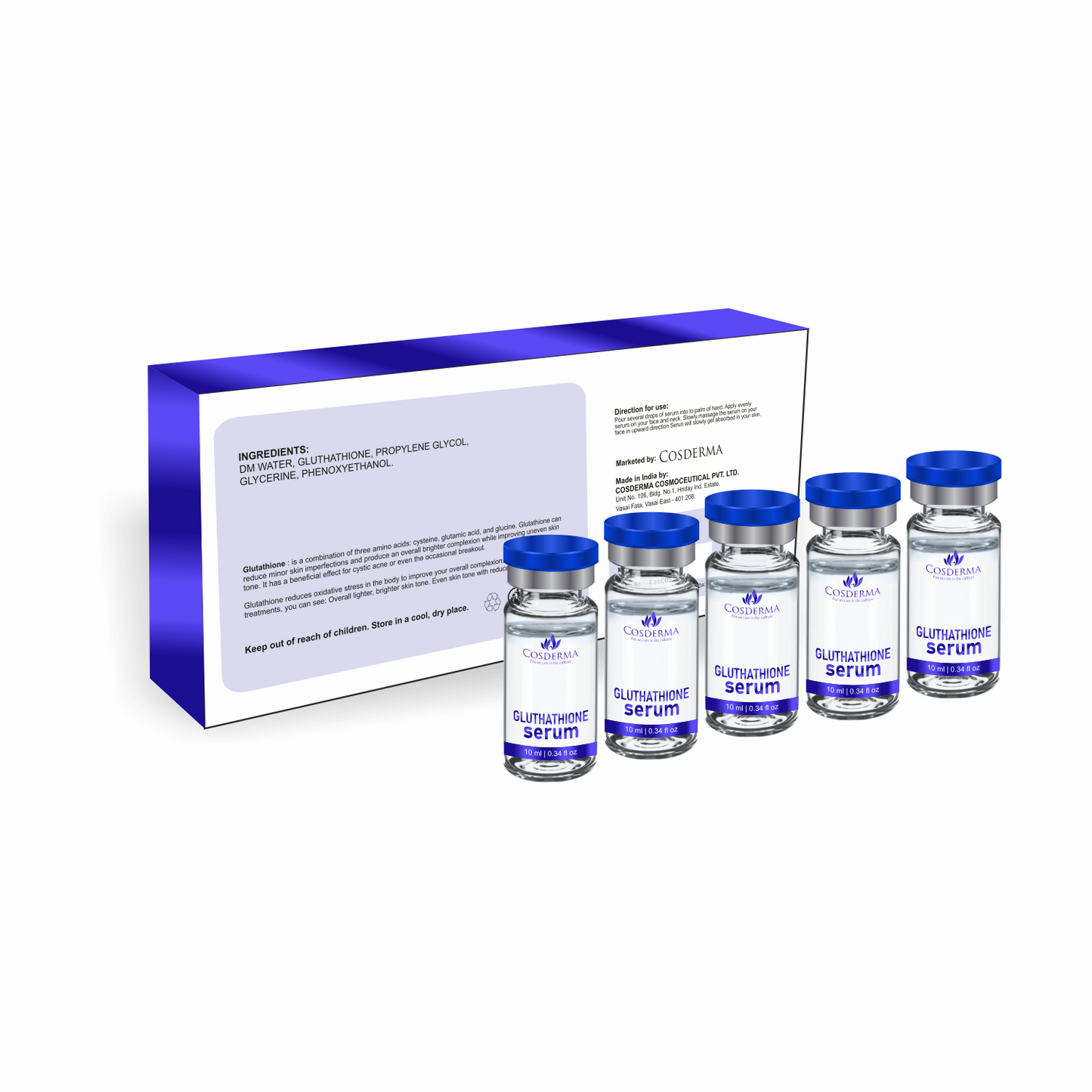 Cosderma Glutathione Serum - Powerful Brightening & Anti-Aging Treatment (5 Vials x 10ml)