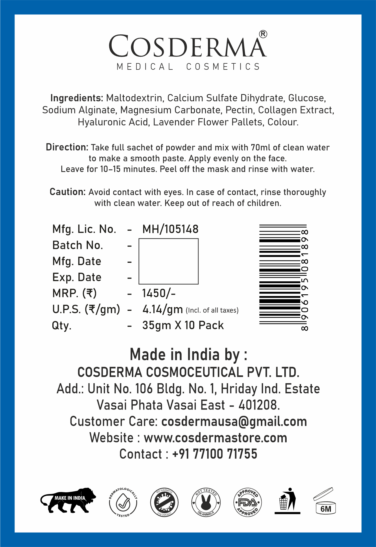 Cosderma Hyaluronic Acid Jelly Mask (10 x 35gm) – Deep Hydration & Skin Plumping Peel-Off Facial Mask