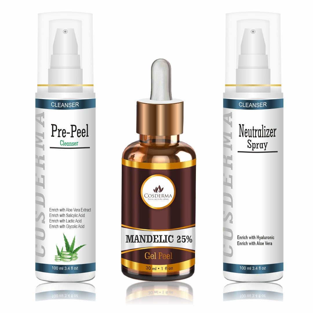 Cosderma Mandelic Peel Combo – Pre Peel Cleanser, Mandelic 25% Gel Peel & Neutralizer Spray for Acne, Pigmentation & Skin Brightening