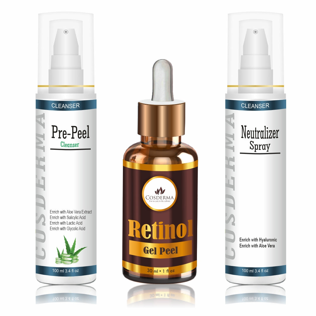 Cosderma Retinol Peel Combo – Pre Peel Cleanser, Retinol Gel Peel & Neutralizer Spray for Anti-Aging, Fine Lines & Skin Renewal