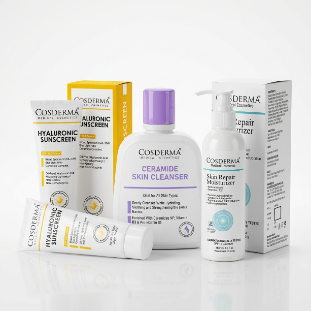 Cosderma 3-Step Dry Skin Care Kit | Cleanser, Sunscreen & Moisturizer