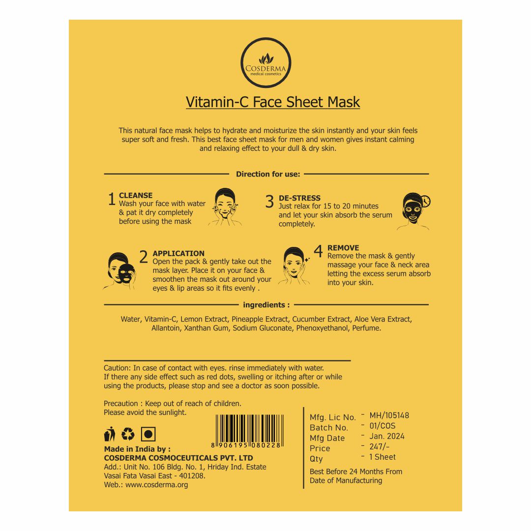 Cosderma Vitamin-C Face Sheet Mask for Hydrating & Brightening