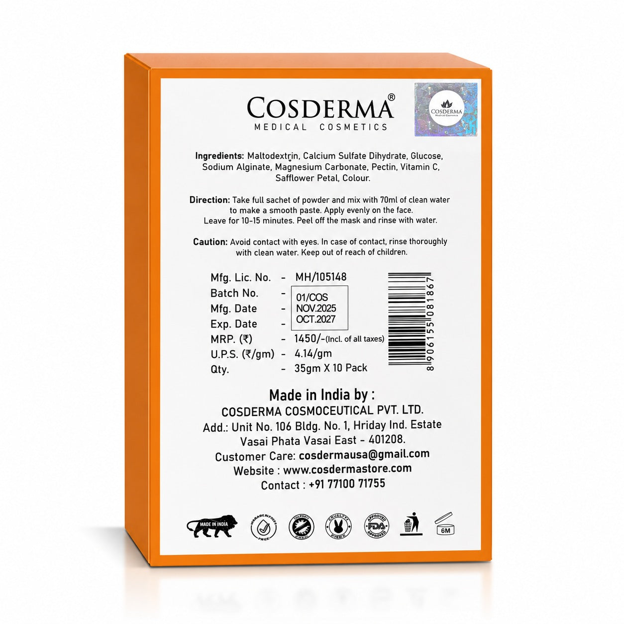 Cosderma Vitamin C Jelly Mask (10 x 35gm) – Brightening, Anti-Pigmentation & Glow Peel-Off Facial Mask