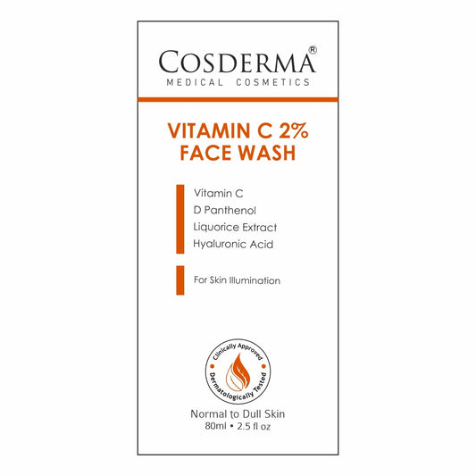 Cosderma Vitamin C 2% Face Wash – Brightening Cleanser with D-Panthenol, Licorice Extract & Hyaluronic Acid for Radiant, Glowing Skin