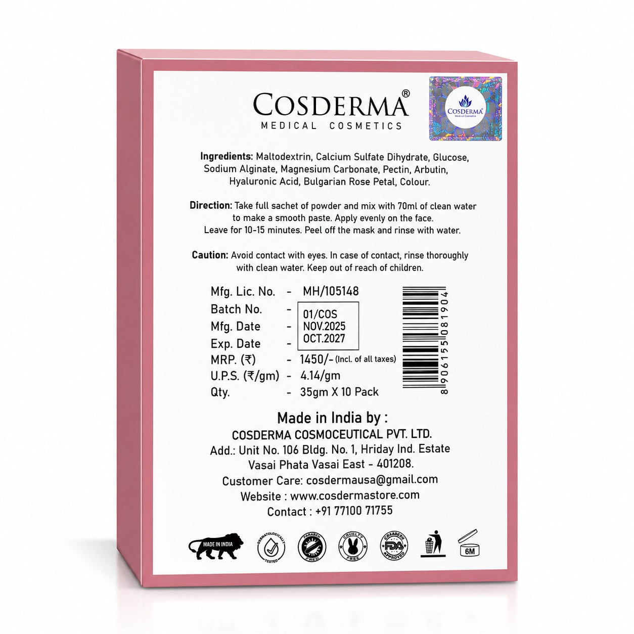 Cosderma Bulgarian Rose Jelly Mask (10 x 35gm) – Soothing, Brightening & Hydrating Peel-Off Facial Mask