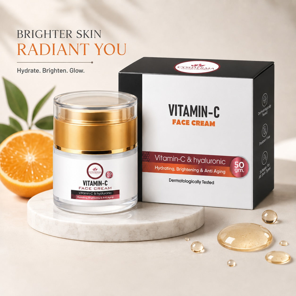 Cosderma Vitamin-C Face Cream | Brightening & Anti-Aging with Hyaluronic Acid