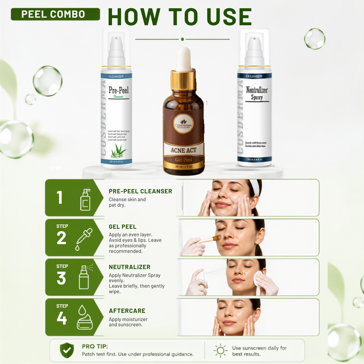 A skincare combo product infographic titled 'PEEL COMBO HOW TO USE' showing three bottles: a white Pre-Peel bottle, an amber Acne Act bottle with a gold dropper, and a white Neutralizer spray bottle. Below, four green numbered panels explain the use sequence with small before/after face images, plus a pro tip and sunscreen note on a light green background.