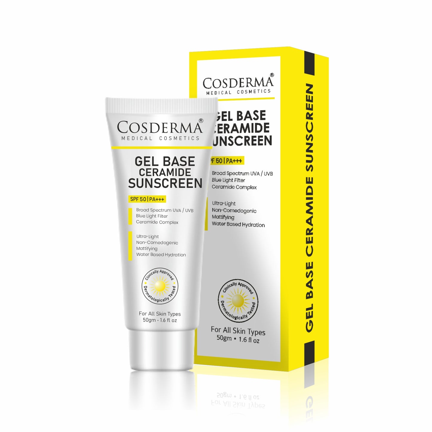 Cosderma Gel Base Sunscreen – Broad Spectrum UVA/UVB & Blue Light Shield with Ceramide Complex (Oil-Free, Ultra-Light Formula)