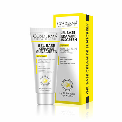 Cosderma Gel Base Sunscreen – Broad Spectrum UVA/UVB & Blue Light Shield with Ceramide Complex (Oil-Free, Ultra-Light Formula)