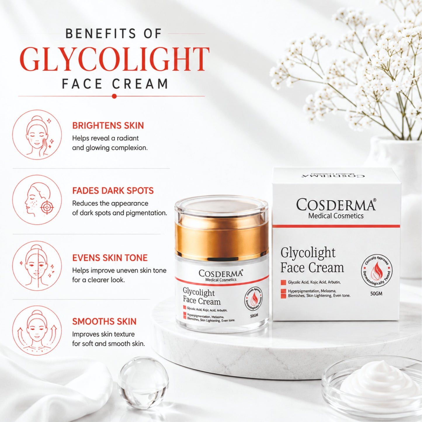 Cosderma Glycolight Face Cream - Brighten & Rejuvenate Overnight Cream | Reduces Acne and Blemishes