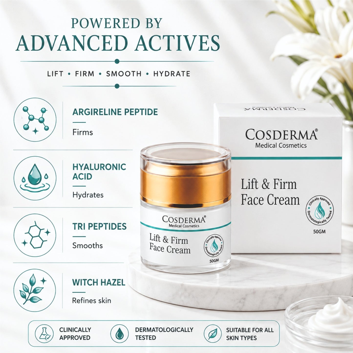 Cosderma Lift & Firm Face Cream for Peptide-Infused Anti-Aging and Firming Treatment
