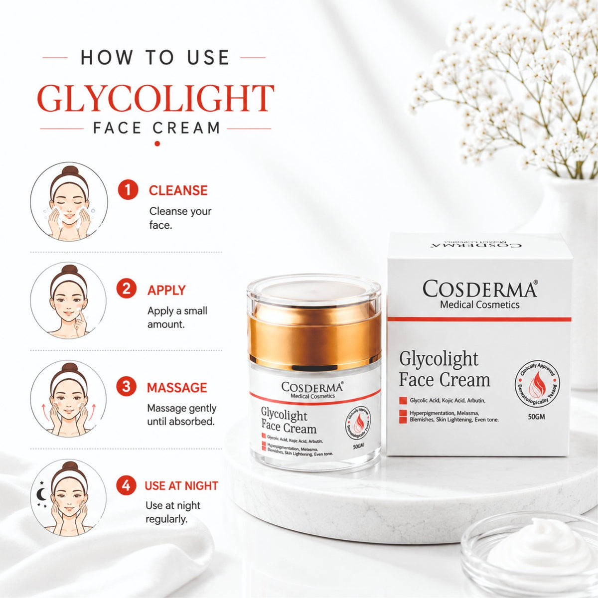 Cosderma Glycolight Face Cream - Brighten & Rejuvenate Overnight Cream | Reduces Acne and Blemishes