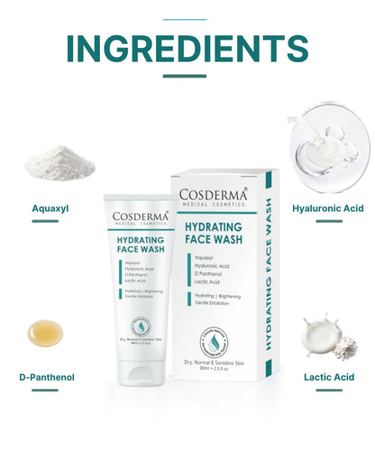 Cosderma Hydrating Face Wash – Gentle Cleanser with Aquaxyl, Hyaluronic Acid, D-Panthenol & Lactic Acid for Deep Moisturization & Soft, Supple Skin