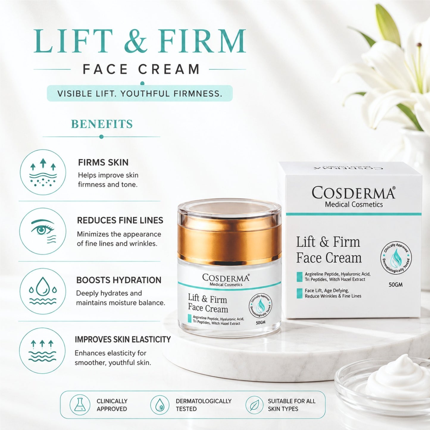 Cosderma Lift & Firm Face Cream for Peptide-Infused Anti-Aging and Firming Treatment