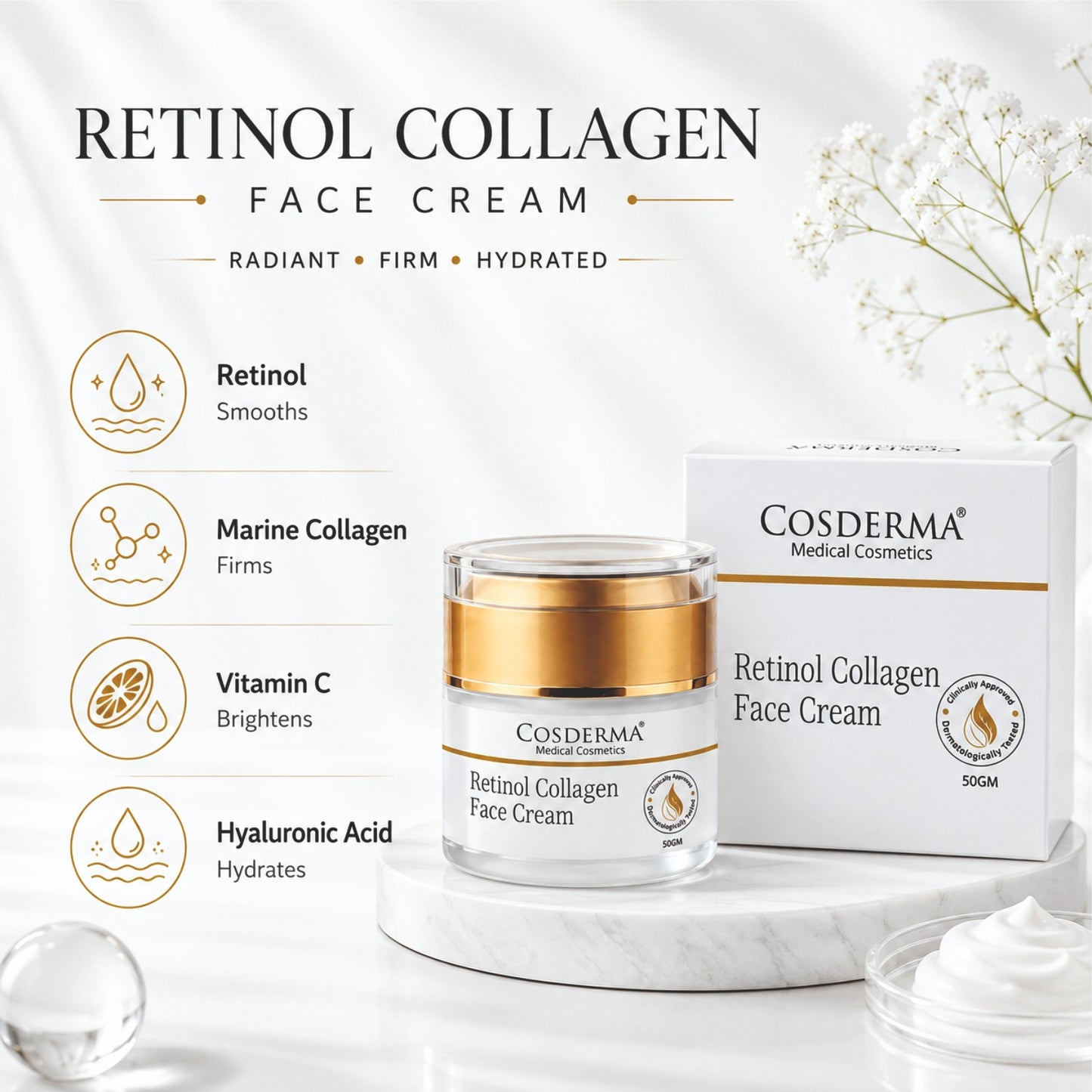 Cosderma Retinol Collagen Face Cream | Anti-Aging & Firming Skincare with Retinol & Marine Collagen