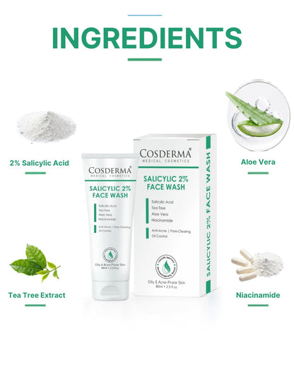 Cosderma Salicylic 2% Face Wash – Deep Cleansing Anti-Acne Face Wash with Tea Tree, Aloe Vera & Niacinamide for Clear, Oil-Free Skin