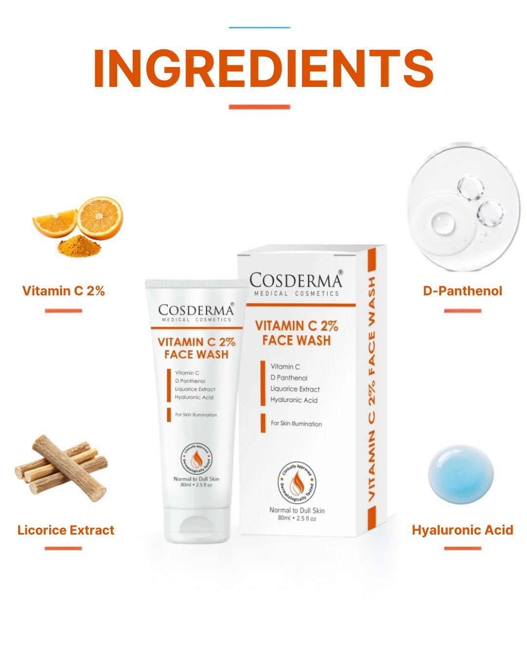 Cosderma Vitamin C 2% Face Wash – Brightening Cleanser with D-Panthenol, Licorice Extract & Hyaluronic Acid for Radiant, Glowing Skin