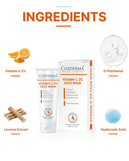 Cosderma Vitamin C 2% Face Wash – Brightening Cleanser with D-Panthenol, Licorice Extract & Hyaluronic Acid for Radiant, Glowing Skin