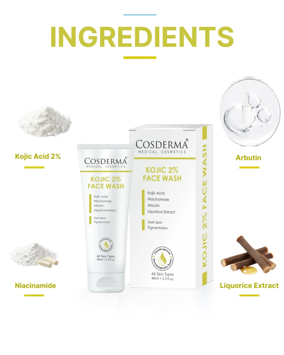 Cosderma Kojic 2% Face Wash – Brightening Cleanser with Kojic Acid, Niacinamide, Arbutin & Liquorice Extract for Pigmentation, Tan & Uneven Skin Tone
