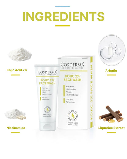 Cosderma Kojic 2% Face Wash – Brightening Cleanser with Kojic Acid, Niacinamide, Arbutin & Liquorice Extract for Pigmentation, Tan & Uneven Skin Tone