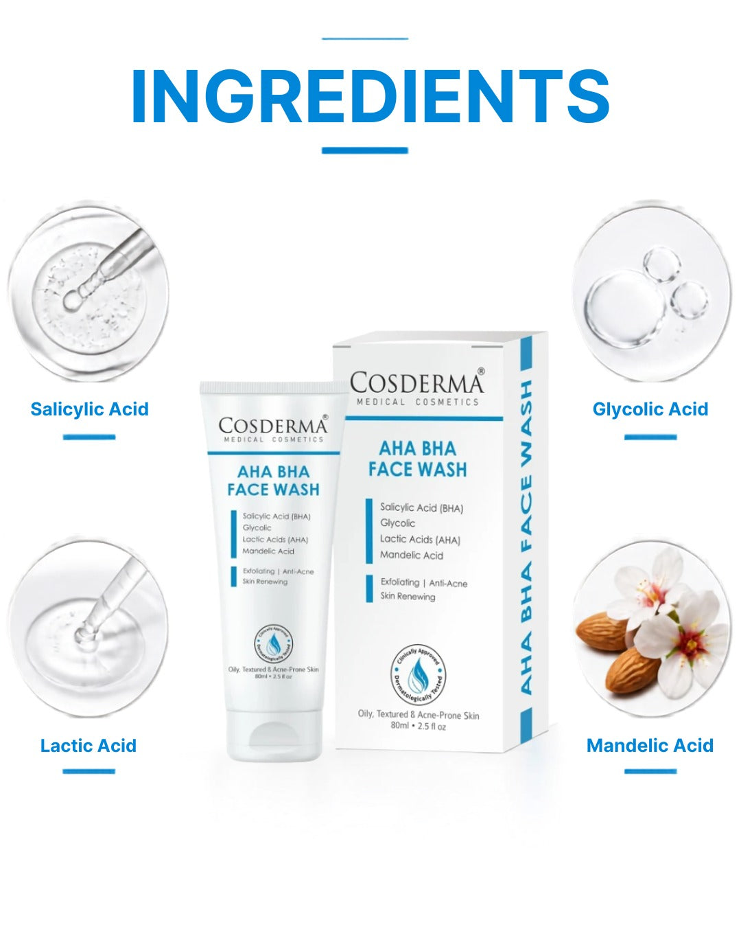 Cosderma AHA BHA Face Wash – Deep Exfoliating & Pore-Cleansing Cleanser for Acne & Dull Skin