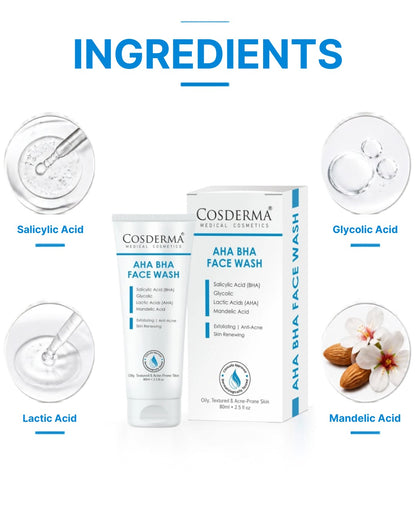 Cosderma AHA BHA Face Wash – Deep Exfoliating & Pore-Cleansing Cleanser for Acne & Dull Skin