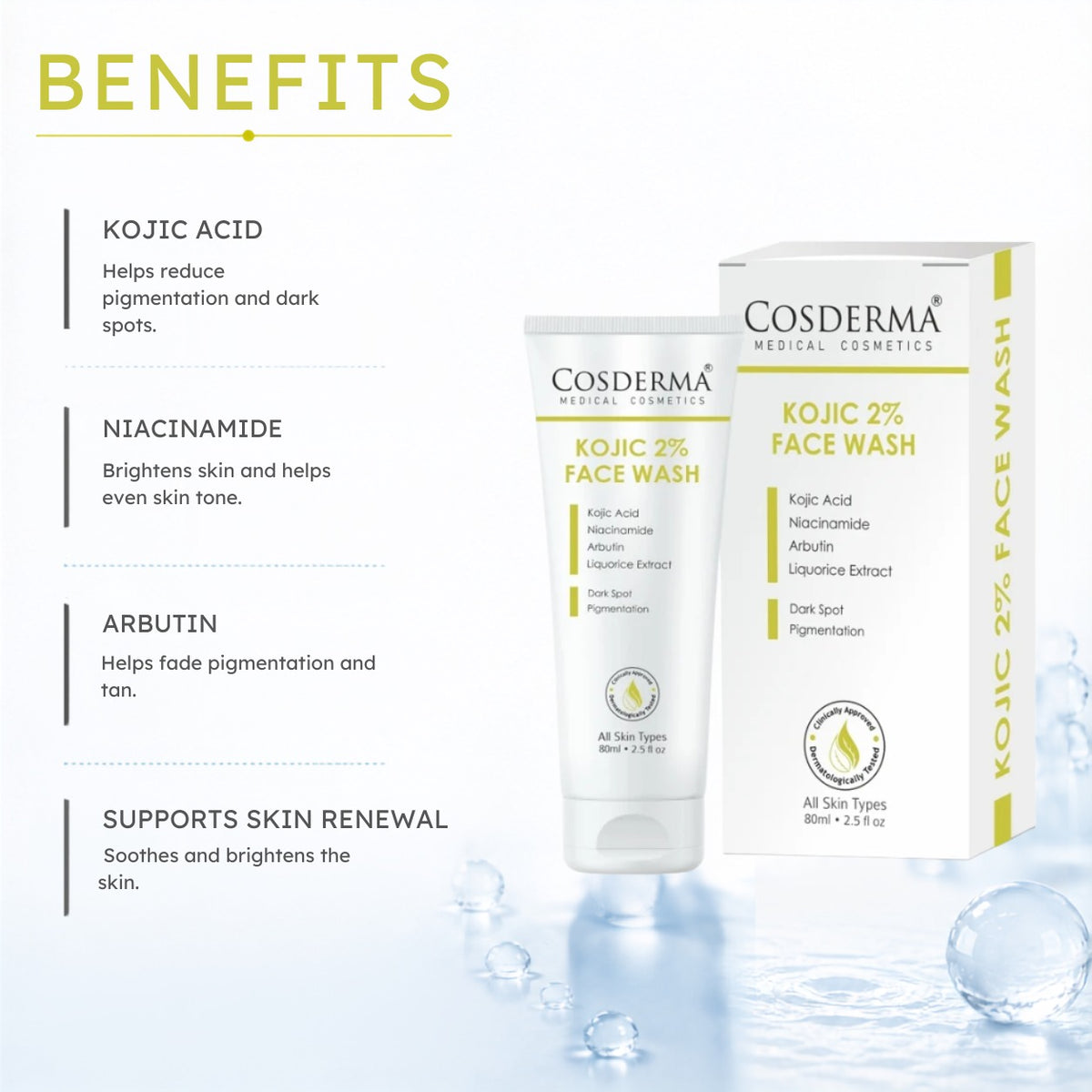 Cosderma Kojic 2% Face Wash – Brightening Cleanser with Kojic Acid, Niacinamide, Arbutin & Liquorice Extract for Pigmentation, Tan & Uneven Skin Tone