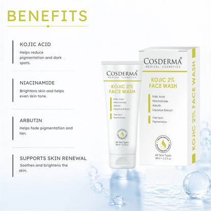 Cosderma Kojic 2% Face Wash – Brightening Cleanser with Kojic Acid, Niacinamide, Arbutin & Liquorice Extract for Pigmentation, Tan & Uneven Skin Tone