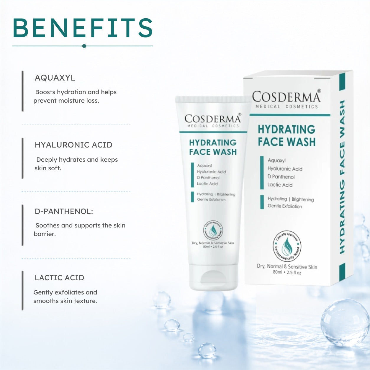 Cosderma Hydrating Face Wash – Gentle Cleanser with Aquaxyl, Hyaluronic Acid, D-Panthenol & Lactic Acid for Deep Moisturization & Soft, Supple Skin