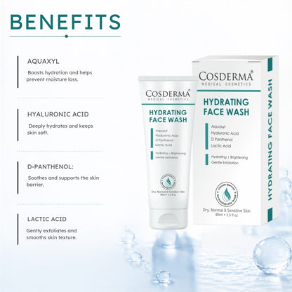 Cosderma Hydrating Face Wash – Gentle Cleanser with Aquaxyl, Hyaluronic Acid, D-Panthenol & Lactic Acid for Deep Moisturization & Soft, Supple Skin
